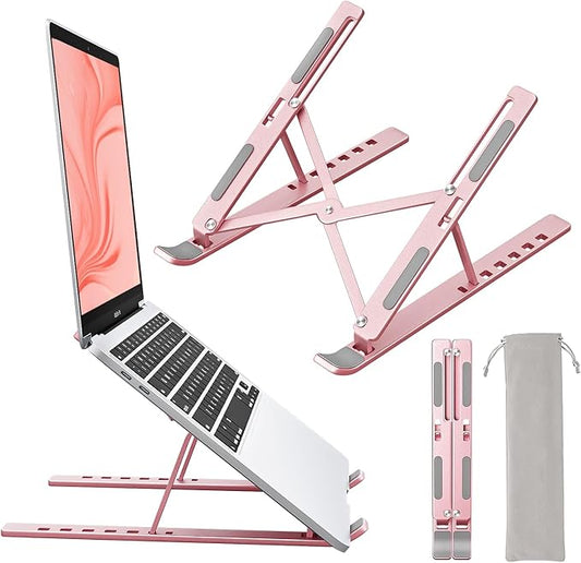 Laptop Stand for Desk, Aluminum Metal MacBook Stand，Computer Riser for Desk, Portable Foldable Adjustable Notebook Holder, Compatible with 10-15.6 Inch Laptops, iPad, Rose Gold.