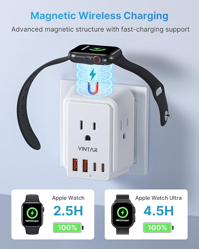 Universal Travel Adapter Kit, VINTAR International Power Adapter for Apple Watch Charger with 3 AC Outlets 4 USB Ports (2 USB C), Type A/C/D/G/I/M Detachable Plugs, US to Europe/UK/India/Africa
