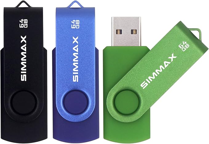 USB Flash Drives 3 Pack 64GB Memory Stick Swivel Design USB 2.0 Flash Drive Thumb Drive Zip Drives (64GB Blue Green Black)