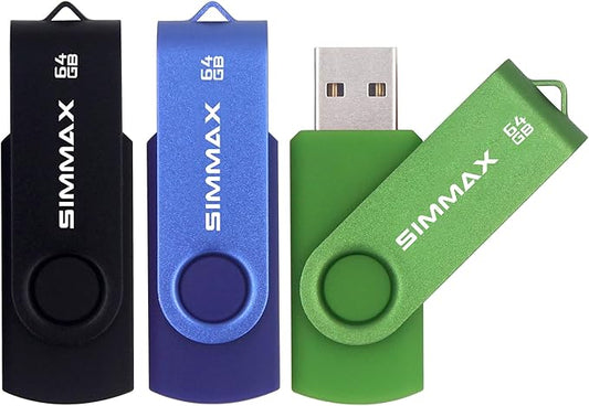 USB Flash Drives 3 Pack 64GB Memory Stick Swivel Design USB 2.0 Flash Drive Thumb Drive Zip Drives (64GB Blue Green Black)