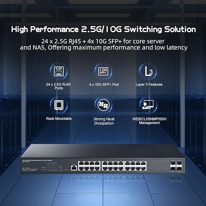 28 Port 2.5G Web Managed Switch, 24x2.5G Ethernet, 4x10 Gigabit SFP Ports, Web/CLI L3 Managed, Metal Multi-Gigabit Desktop/Rackmount Binardat Network Switch