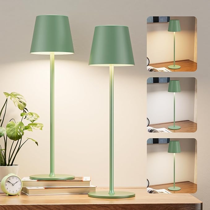 Kakanuo Cordless Table Lamp Rechargeable Green - KK 2 Pack 5000mAH Battery Operated Lamp for Dining Table, 3 Color Stepless Dimming Wireless Lamp for Counter, Outdoor Patio, Touch Control