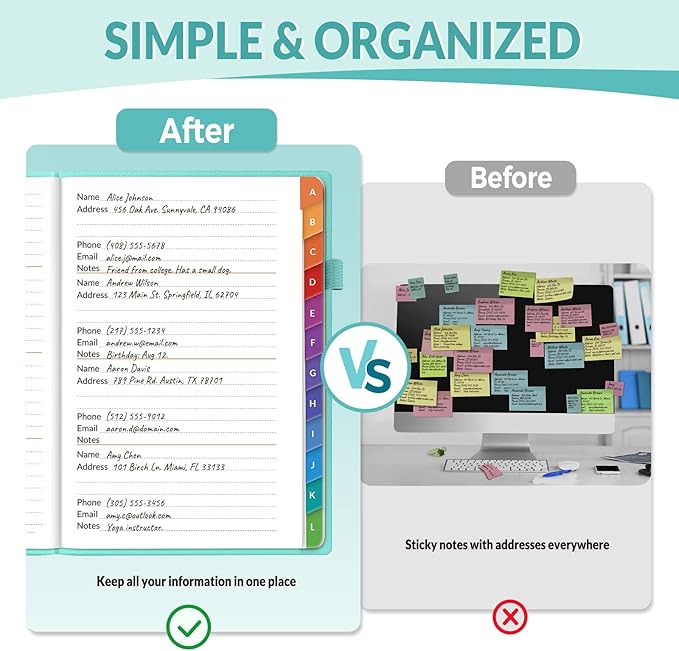 SUNEE Address Book with Colorful Alphabetical Tabs, Address Notebook Organizer for Record Contacts, 5.3'' x 7.7''- Aquamarine