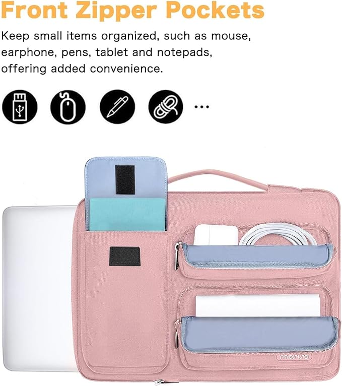 MOSISO 360 Protective Laptop Case 13.3 inch, 13-13.3 inch Laptop Sleeve Compatible with MacBook Air/Pro 13 / Pro 14, HP Dell ASUS Lenovo,Side Open Bag with 2 Raised&1 Flapover Pockets, Pink