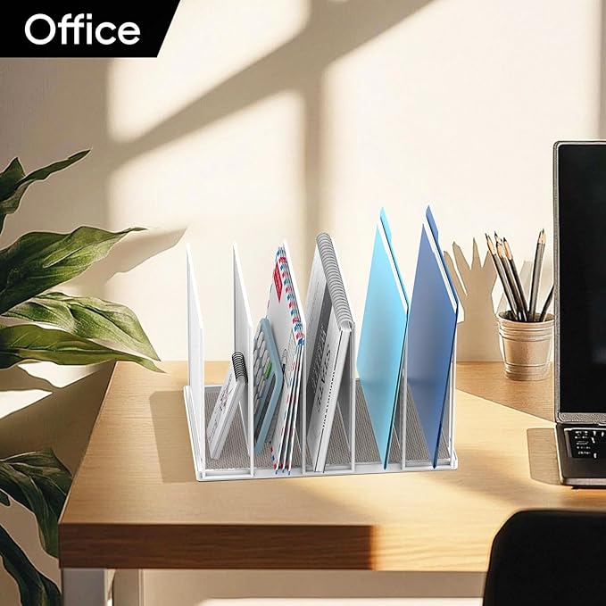 File Organizer for Desk, 5-Section Vertical File Sorter, Paper Holder Organizer Standing Metal File Folder for Office Home Classroom, White