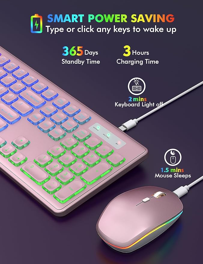 Wireless Keyboard and Mouse Combo - RGB Backlit, Rechargeable & Light Up Letters, Full-Size, Ergonomic Tilt Angle, Sleep Mode, 2.4GHz Quiet Keyboard Mouse for Mac, Windows, Laptop, PC, Trueque, Rose