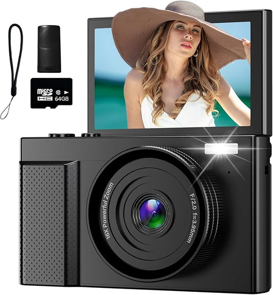 4K Digital Camera for Photography, 64MP Vlogging Video Camera for YouTube with 3'' 180°Flip Screen, 64GB Micro SD Card, 16x Digital Zoom,Point Shoot Compact Travel Vintage Cameras (Black)