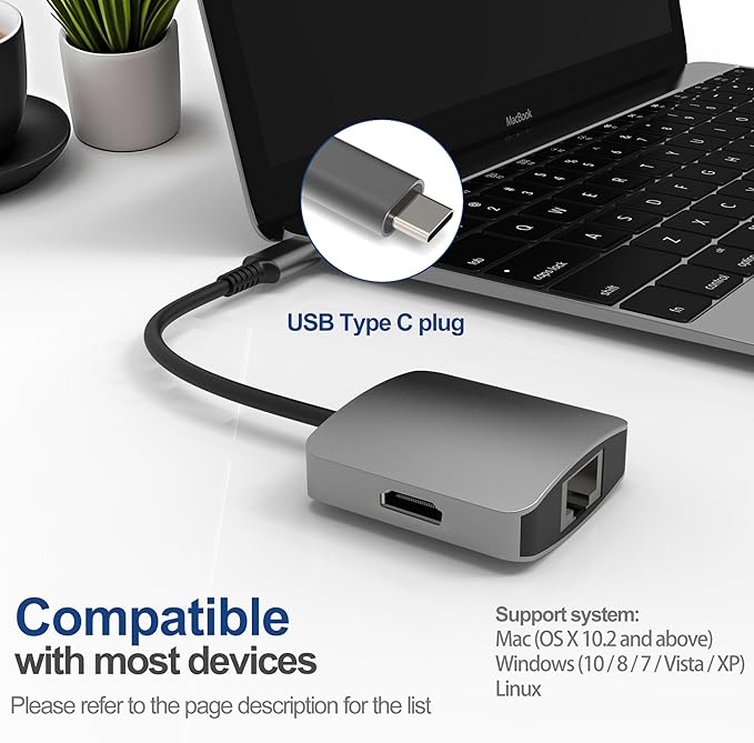USB-C to HDMI & Ethernet Cable Hub Adapter by PowerEnvy - 4K HDMI, Ethernet 100M LAN, Aluminum Portable Type-C Hub for MacBook Pro/Air, iPad Pro, XPS, MateBook & More