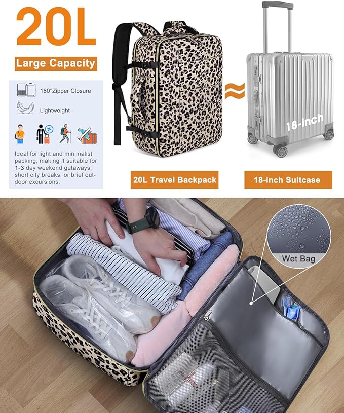 Capolo Travel Backpack for Women Men Waterproof Laptop Backpack Airlines Approved Carry On Backpack Bag Computer Bags for Business, Work, Traveling Fits 15.6 Inch Laptop(Leopard)