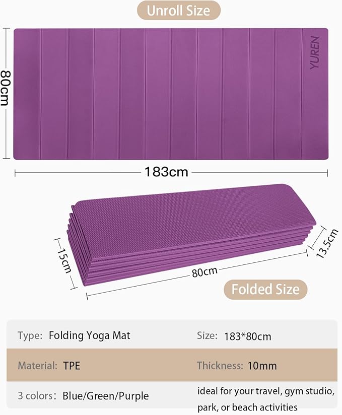 Foldable Yoga Mat 10mm Thick Wide Exercise Mat Non Slip Workout Mat for Home Gym, Travel, with Yoga Carrying Bag