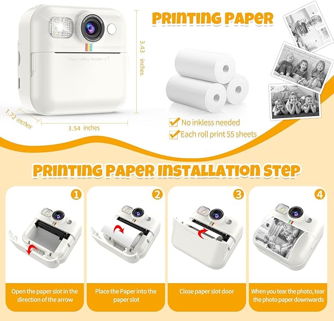 Kids Camera Instant Print Birthday Gifts for Girls Age 3-8, Toddler Cameras Travel Selfie Video Camera Toys Instantcamera for Kids with Color Pens (White)