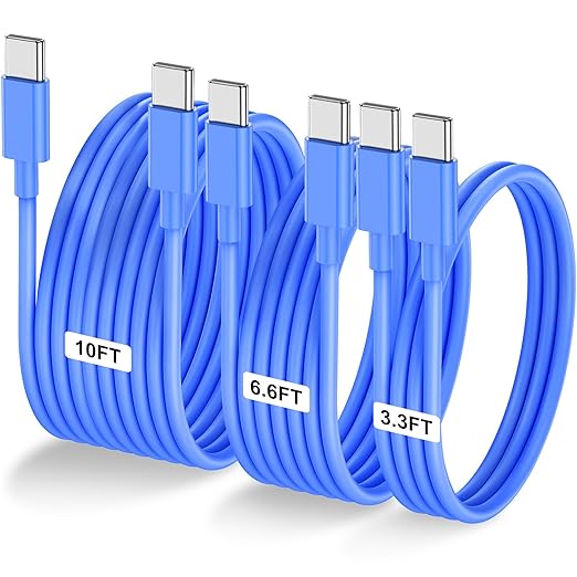 3-Pack Blue [3.3FT+6.6FT+10FT] 60W USB C to USB C Cable, Type C Fast Charging Cable for iPhone Air 17 16e 16 15 Pro Plus Pro Max，for Galaxy S25, for iPad Pro/Air/mini, for MacBook Pro/Air and More