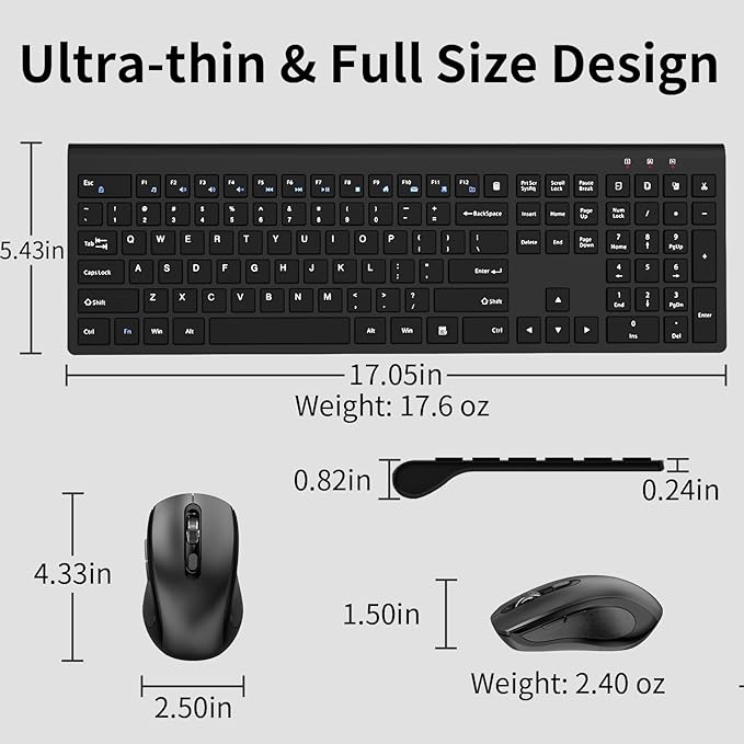 Keyboard and Mouse Wireless, Slim Full Size Keyboard with Calculator Button, Fn Lock, Silent Computer Mouse with Side Button, 2400 DPI, 2.4G USB Cordless Set for Laptop PC Windows Mac -Black
