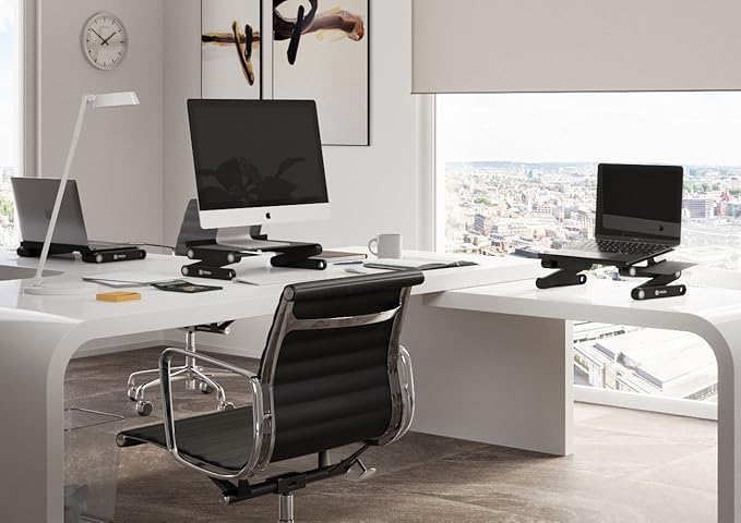 Laptop Table Stand Adjustable Riser: Portable with Mouse Pad Fully Ergonomic Mount Ultrabook MacBook Gaming Notebook Light Weight Aluminum Black Bed Tray Desk Book Fans Up to 17 inch