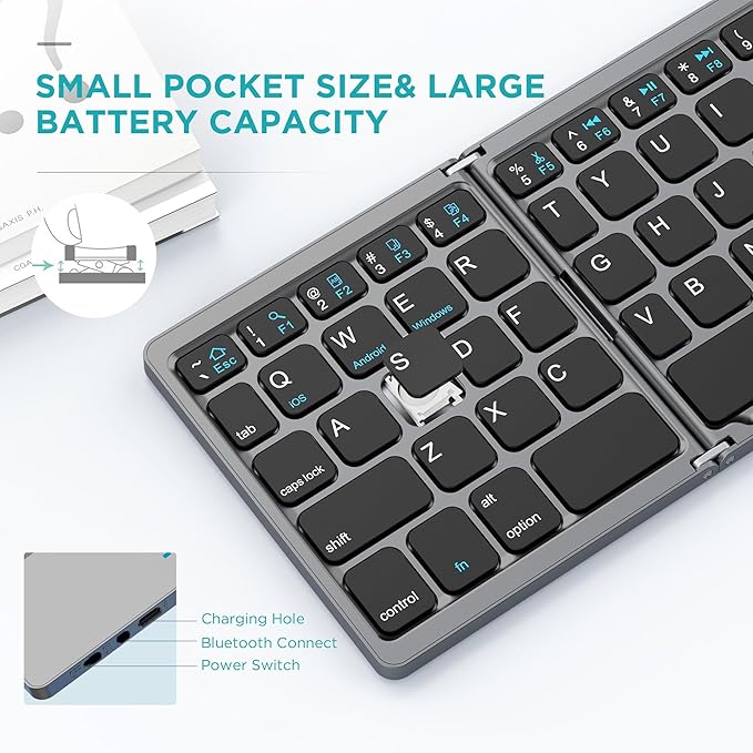 Foldable Bluetooth Keyboard with Touchpad - Portable Wireless Keyboard with Holder, Rechargeable Full Size Ultra Slim Pocket Folding Keyboards for Android Windows iOS Tablet & Laptop Travel Keyboards