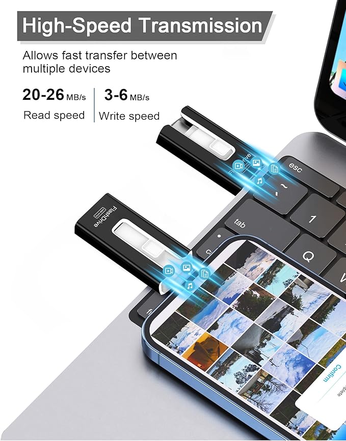 256GB USB Flash Drive for Phone and Pad, Photo Stick High Speed External USB Thumb Drives Photo Storage Memory Stick for Save More Photos and Videos (Black, 256GB)