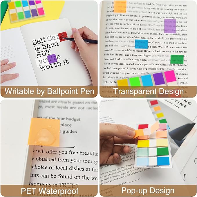 KICNIC Sticky Tabs 500 Pcs (1.77 * 0.47 in),Fluorescent Pop Up Book Tabs, Adhesive Index Tabs for Annotating Books, Page Marker Flags, Reusable for School, Binder, Office, 4 Dispensers (10 Colors)