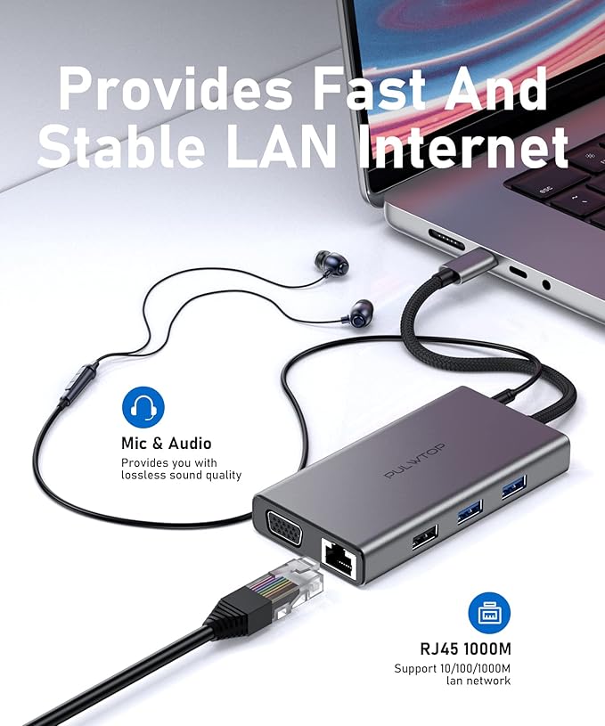 Laptop Docking Station 10 in 1 USB C Hub Multiport Adapter, 1*HDMI 4K 30Hz,VGA, Ethernet, USB 3.0, USB A 2.0, TF/SD, Audio, MacBook Dongle for MacBook Dell Hp Lenovo Laptop Type C Devices