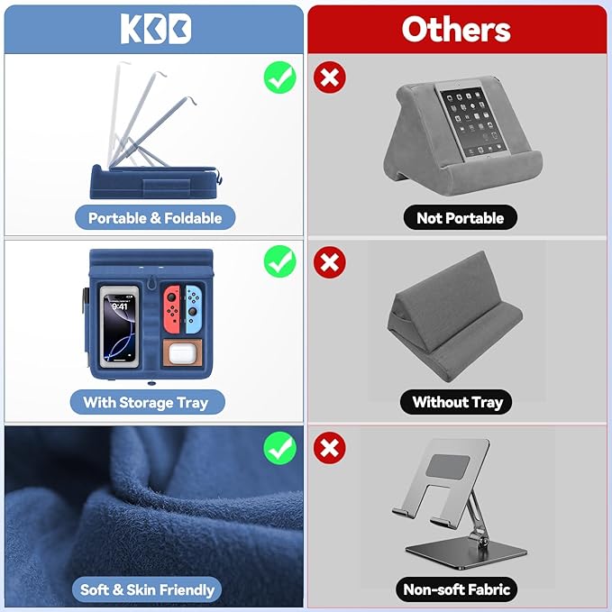 KDD Tablet Pillow Stand with Storage, Foldable iPad Holder for Lap, Desk and Bed, Angle Adjustable Soft Pad Dock with Stylus Mount Compatible with iPad Pro, Air, mini, Book, Phone and Tablet (4-13")