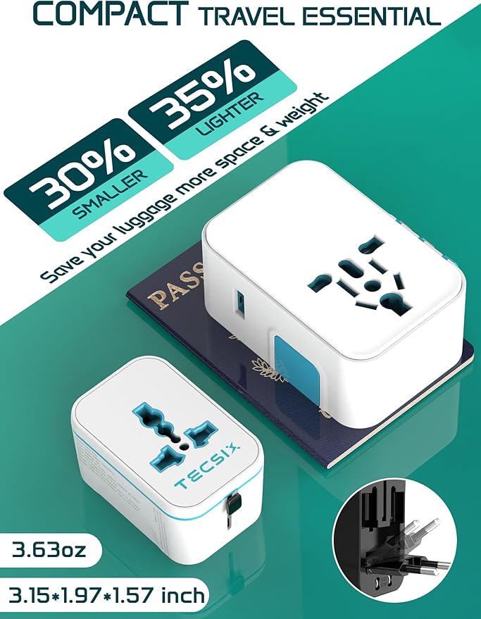 Universal Travel Adapter Worldwide, TECSIX European Travel Plug Adapter with 2 USB C, 2 USB A and Multi AC Outlets, International Power Adaptor for EU US UK AUS 200+ Countries Type A C G I