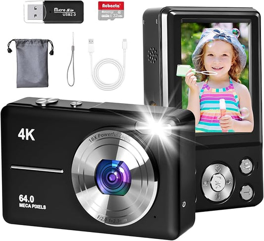 4K Digital Camera for Photography, Autofocus 64MP Vlogging Camera, 32GB TF Card, 2.8'' LED Screen, 18X Zoom, Anti-Shake, Portable YouTube Point and Shoot Digital Cameras for Kids Teens Adult Beginner
