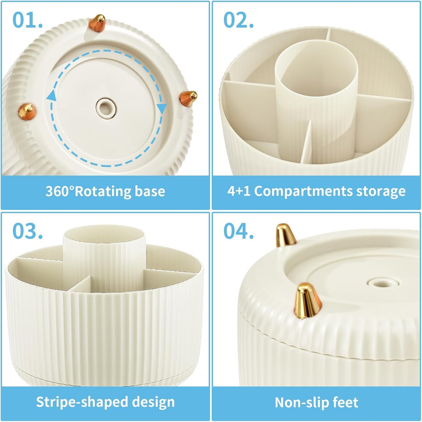 Marbrasse Desk Organizer, 360-Degree Rotating Pen Holder, 5-Compartment Pencil Organizer, Art Supply Storage Box Caddy for Office and Home (Ivory)