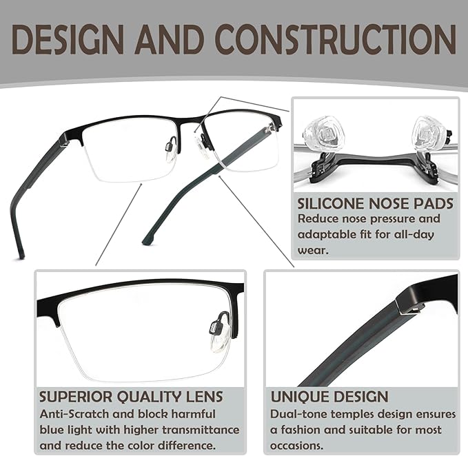 CRGATV 3 Pack Reading Glasses for Men Half Rim Metal Frame Readers Durable Anti Blue Light UV400 / Glare Computer Eyeglasses