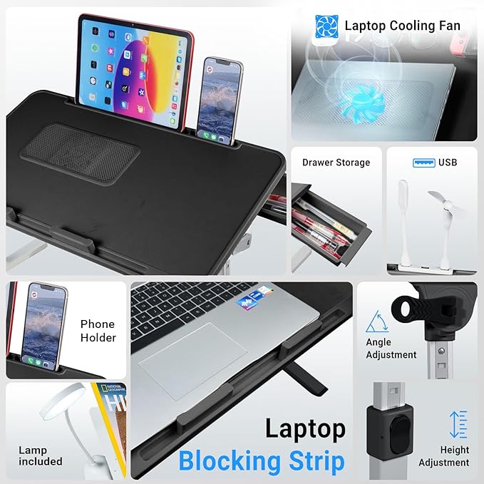 iXTRA Laptop Lap Desk Include Cooling Fan,Adjustable Lap Desk with Light Fan,Folding Laptop Desk for Bed with USB,Bed Desk with Storage Drawer 60 * 40cm,Black