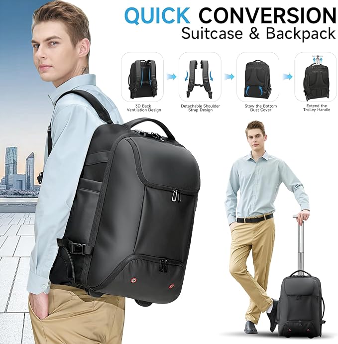 Carry On Backpack,17.3" Travel Backpack with Shoe Compartment,50L Wheeled Backpack Carry On Luggage,Laptop Compartment & USB Charging Port & TSA Approved Lock for Business,Black