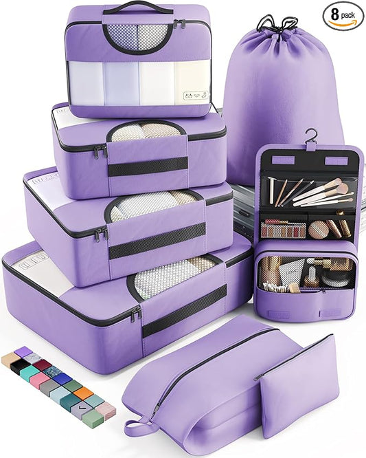 Veken 8 Set Packing Cubes for Travel Essentials, Suitcase Organizer Bags in 4 Sizes, Carry-On Luggage Accessories with Large Laundry & Hanging Toiletry Bag, Must-Have for Airplane, Road Trip & Camping