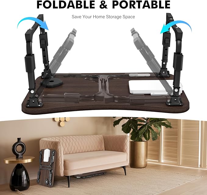 Lap Desk for Bed Adjustable Height, Foldable Bed Table with Storage Drawer, Tablet Slot & Cup Holder, Portable Laptop Stand for Bed & Sofa, Bed Desk for Adults & Kids, Walnut