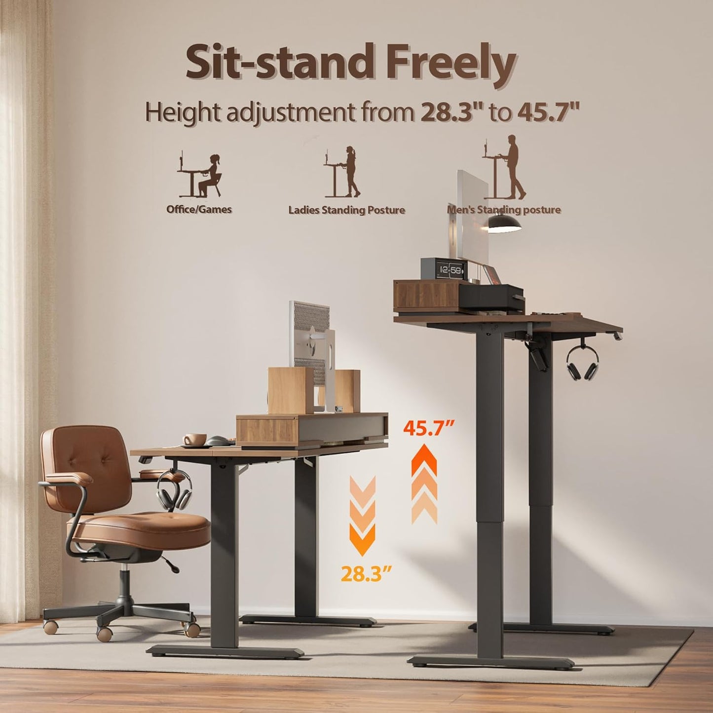 Agilestic 55 Inch Electric Standing Desk with Drawers, Adjustable Desk with Storage Shelf, Stand Up Home Office Computer Table, Splice Board, Dark Walnut