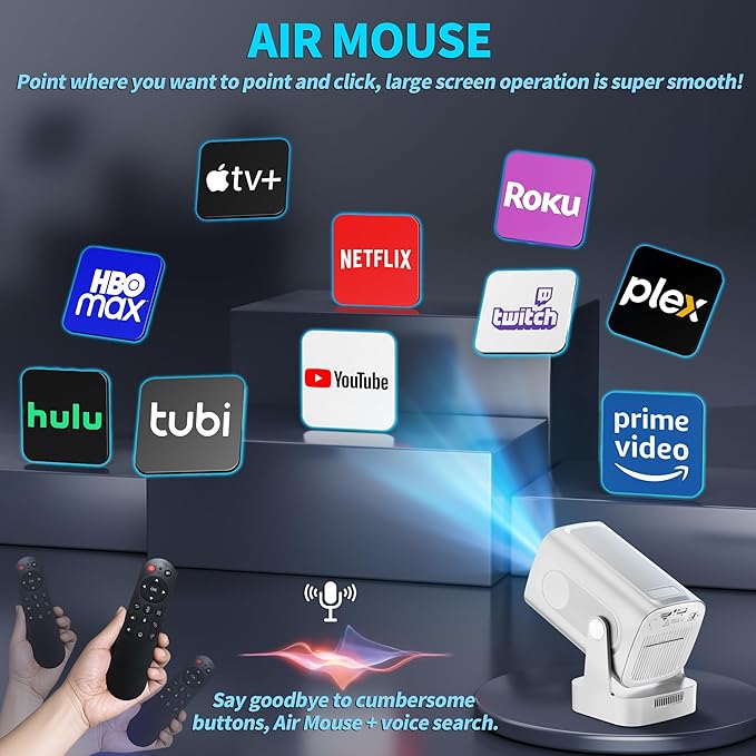 【Built-in Apps】Mini Projector 1080P with WiFi 6 and Bluetooth 5.4, 4K Full HD Projector Features Auto Focus & Keystone, Portable Projector Support 270° Rotatable, Compatible with Phone/HDMI/USB-White