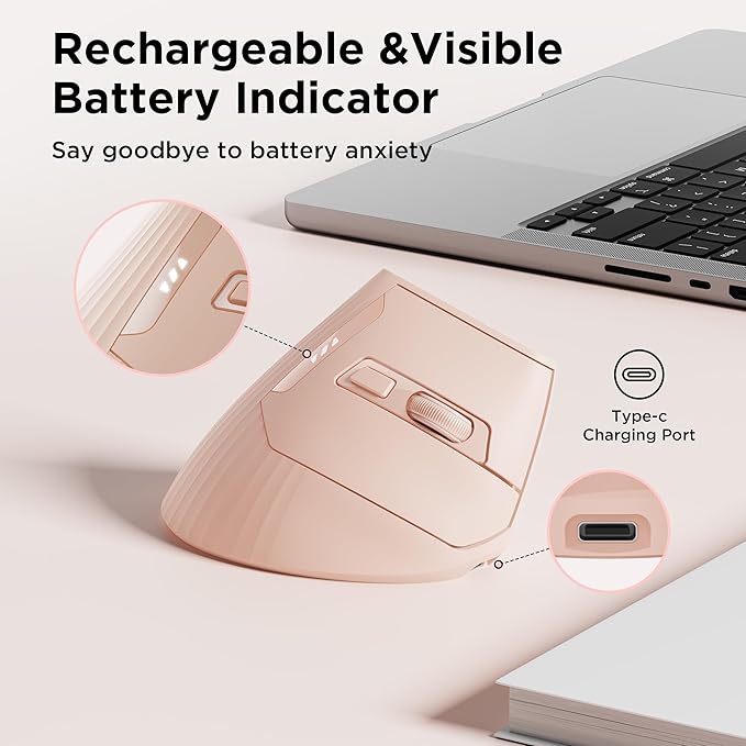 Uineer Ergonomic Wireless Mouse Pink,Bluetooth Vertical Mouse with BT5.0/4.0/2.4G, Rechargeable with Battery Indicator,Ergonomic Design for Comfort and Reduced Wrist Strain for Home,Office Use Pink