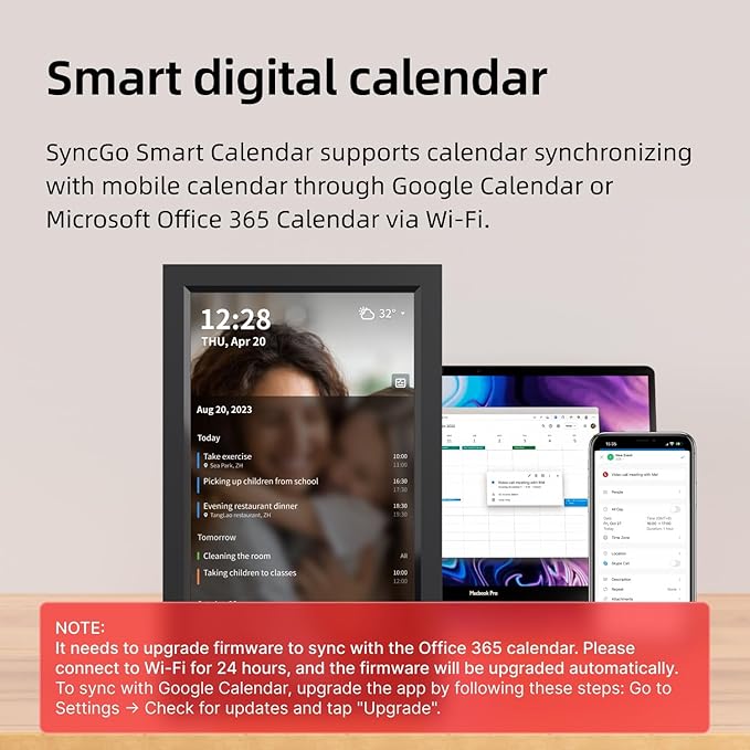 15 inch Smart Wi-Fi Digital Calendar Beautiful Frame for Desktop. Displays Your Photos, 5 Day Weather, Date, Current Conditions, WiFi Sync with Mobile Calendar Through Office 365 Calendar
