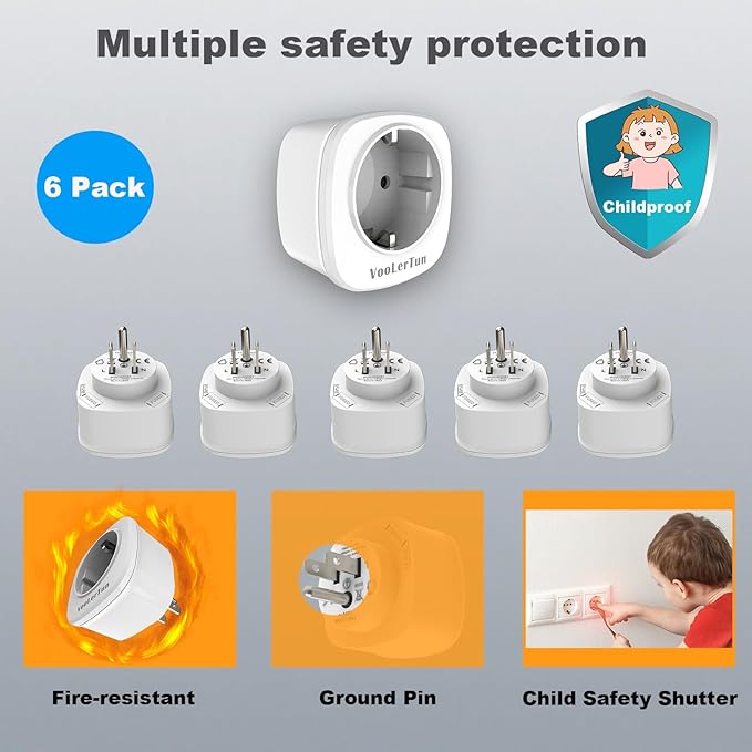 Europe to US Plug Adapter 6 Packs, European to American Travel Plug Adapter (Type C/E/F), USA to EU Outlet Adapters for Most of Europe Spain German France