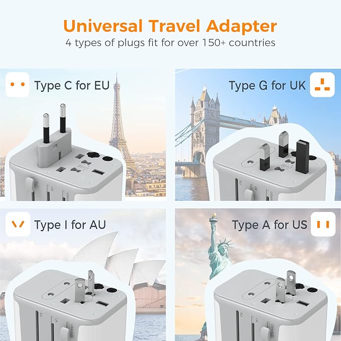 TESSAN Universal Travel Adapter 21W, International Plug Adaptor with 2 USB C Wall Charger 2 USB A Ports, Worldwide Power Outlet Travel Essentials for US to European EU UK AUS (Type C/G/A/I)