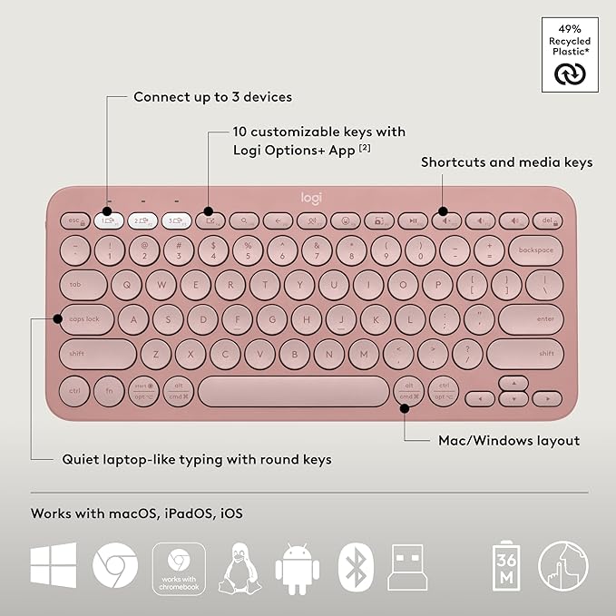 Logitech Pebble 2 Combo, Wireless Keyboard and Mouse, Quiet and Portable, Customizable, Logi Bolt, Bluetooth, Easy-Switch for Windows, macOS, iPadOS, Chrome - Tonal Rose