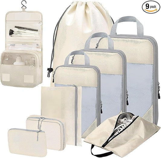 Compression Packing Cubes for Suitcases – 9 Set Travel Luggage Organiser Bags with Mesh Design, Waterproof Ultralight Packing Cubes for Backpack, Clothes & Home Storage (Beige)