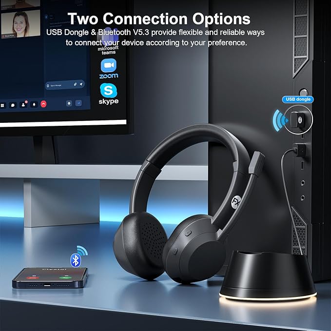 Wireless Headset, Bluetooth Headphones with Mic(AI Noise Cancelling), 65 Hrs Working Time with USB Dongle, Wireless Headset with Mic for Work from Home/Computer/Laptop/PC/Android