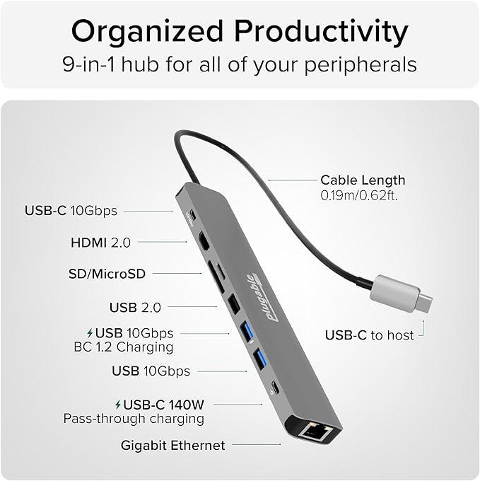 Plugable USB C Hub Multiport Adapter: 9-in-1 with 140W PD Charging, 4K 60Hz HDMI, 10Gbps Data Transfer, Gigabit Ethernet, SD, for USBC, USB4, Thunderbolt MacBook, Windows, Chromebook (USBC-9IN1E)