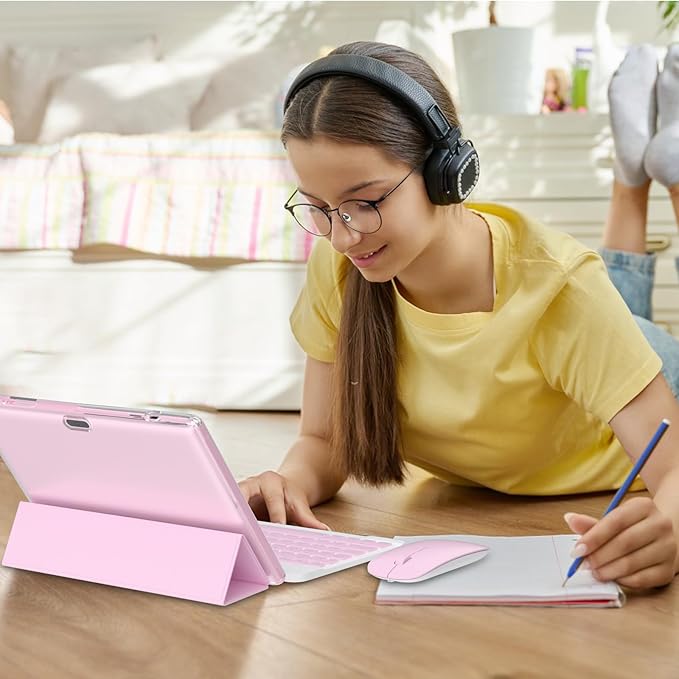 Android 15.0 10Inches Tablet, 18GB RAM+128GB ROM+2TB Expandable, Tab Set with Keyboard/Case/Mouse/Stylus, 2.0GHz Quad-core Processor, 1280 * 800 IPS HDScreen, 5G WiFi6 BT 5.0 (Pink)