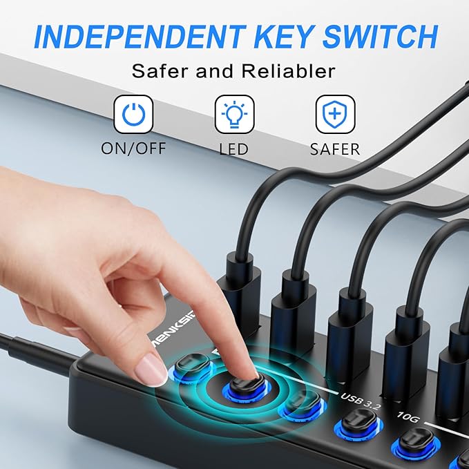 Powered USB Hub, MENKSID 11-Port USB Hub, 7 USB 3.2 Data Transfer Ports + 4 Smart Charging Ports, Independent Switch (with LED Power Indicator), USB 3.2 Hub Powered with Power Adapter for Mac, PC