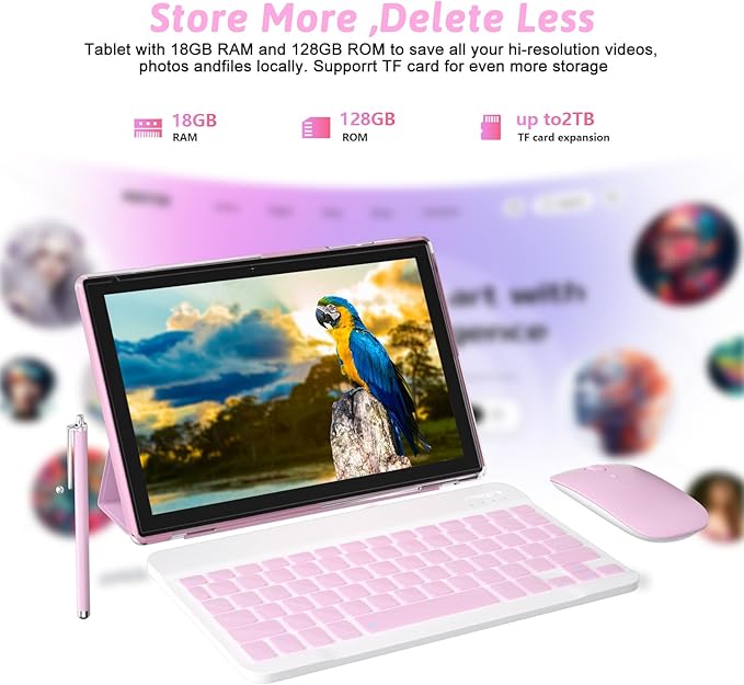 Android 15.0 10Inches Tablet, 18GB RAM+128GB ROM+2TB Expandable, Tab Set with Keyboard/Case/Mouse/Stylus, 2.0GHz Quad-core Processor, 1280 * 800 IPS HDScreen, 5G WiFi6 BT 5.0 (Pink)