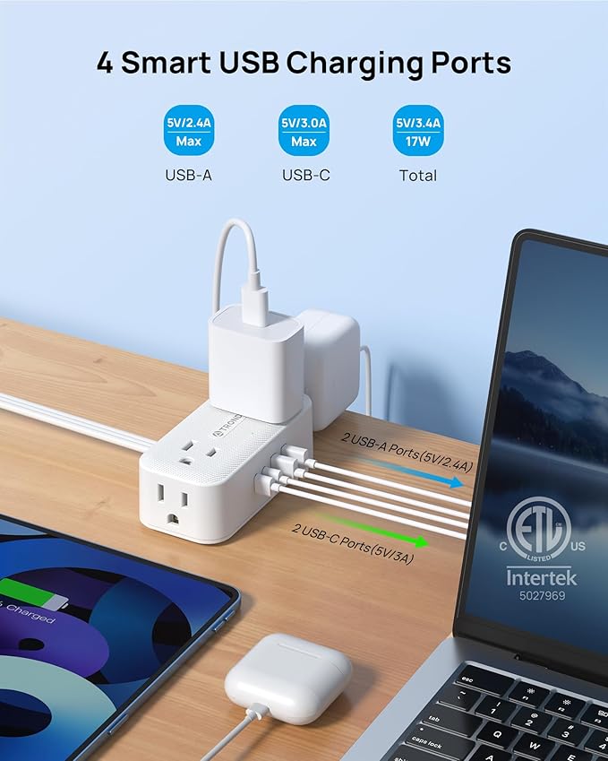 TROND 360° Rotating Flat Plug Power Strip, 5FT Extension Cord with 4 USB Ports, 4 Wide Spaced AC Outlets, Wall Mount, 900J Surge Protector for Office Travel Dorm Room Essentials, White