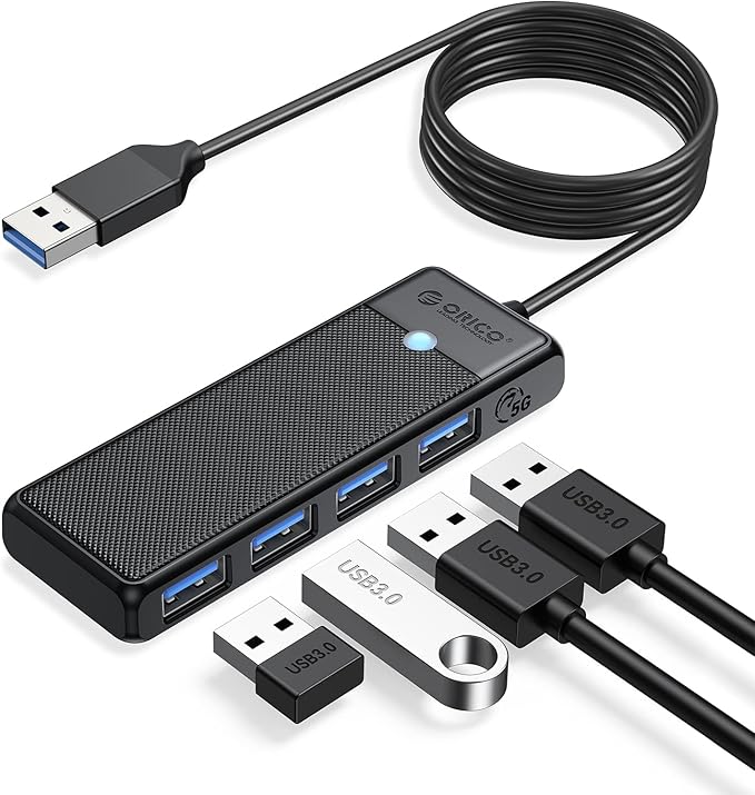 ORICO USB 3.0 Hub, 4-Port USB Hub with Long Cable, Ultra Slim USB Splitter for Laptop MacBook Pro, iMac, Surface Pro, XPS, PS5，PC, Flash Drive, Mobile HDD (Black/6ft)