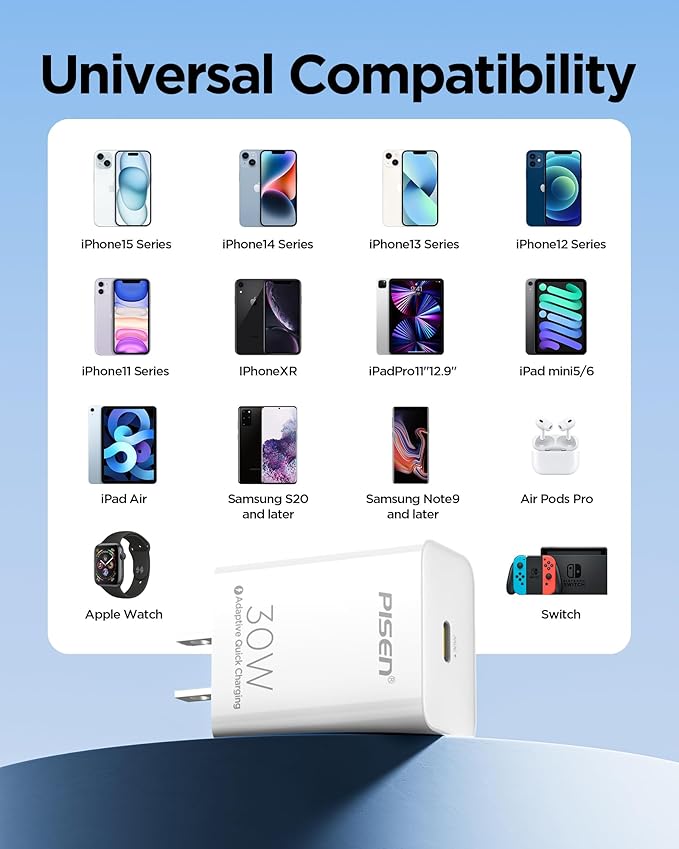 PISEN 30W USB C Charger - USB C Fast Charger Block, PD3.0 Wall Charger with 4FT Type C to L Cable, 30W Power Adapter for iPhone 16/15/14/13/12/11/XR/XS/X Series, iPad