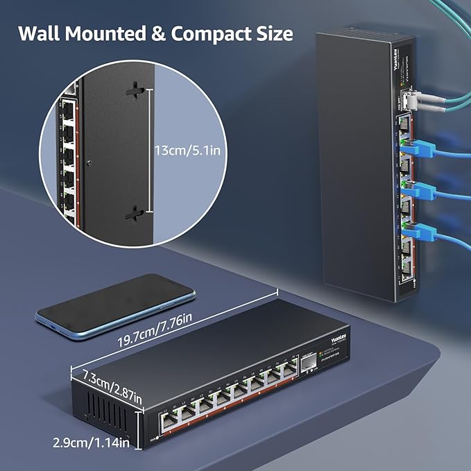 8 Port 2.5G Unmanaged Desktop Ethernet Switch with 10G SFP, 8 x 2.5G Base-T Ports, 60Gbps Switching Capacity, Compatible with 100/1000/2500Mbps, Metal Fanless, YuanLey 2.5Gbe Network Switch Wall Mount