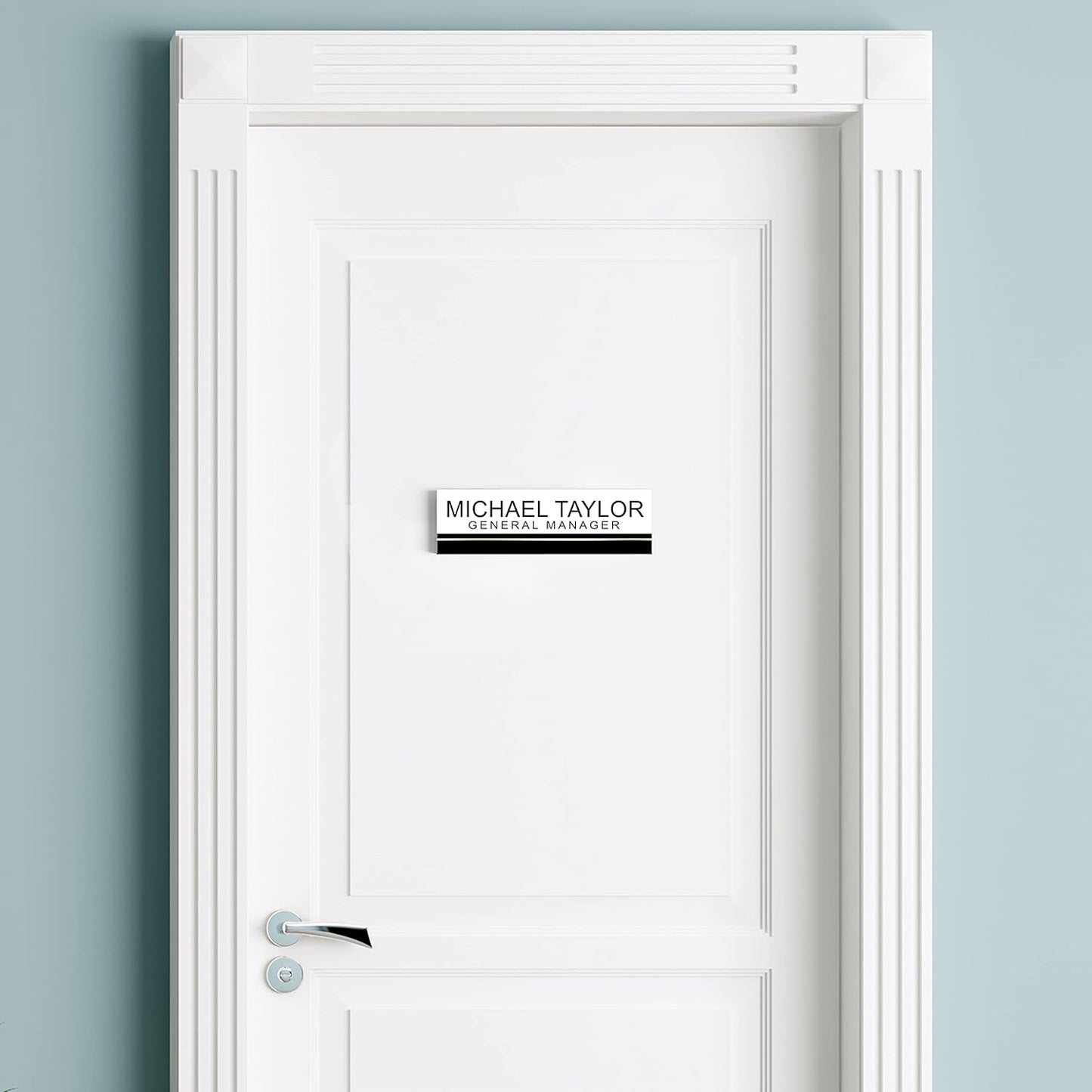 Artblox Personalized Office Desk Name Plate and Business Card Holder | Clear Acrylic Glass with Teak Wood Stand | Black Stripe Design Customized with Your Name and Credentials Office Desk Decor