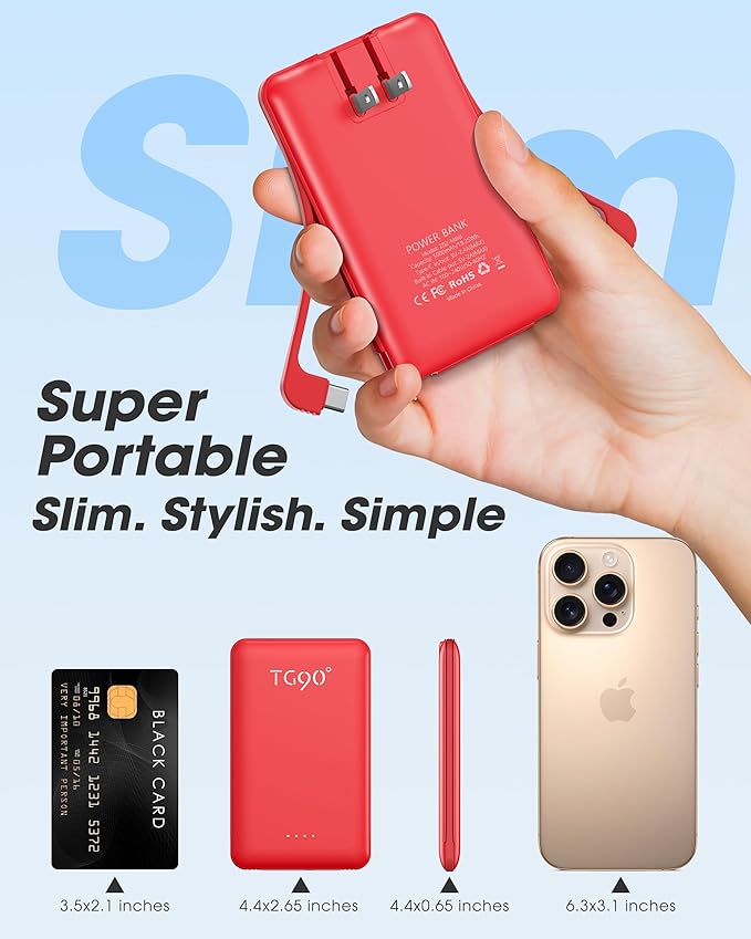 TG90° 5000mAh Ultra Slim Power Bank Built in AC Plug and Cables, Card Size Battery Pack Portable Phone Charger, 4 in 1 Pocket Size Travel Charger Compatible with iPhone, Samsung, Google